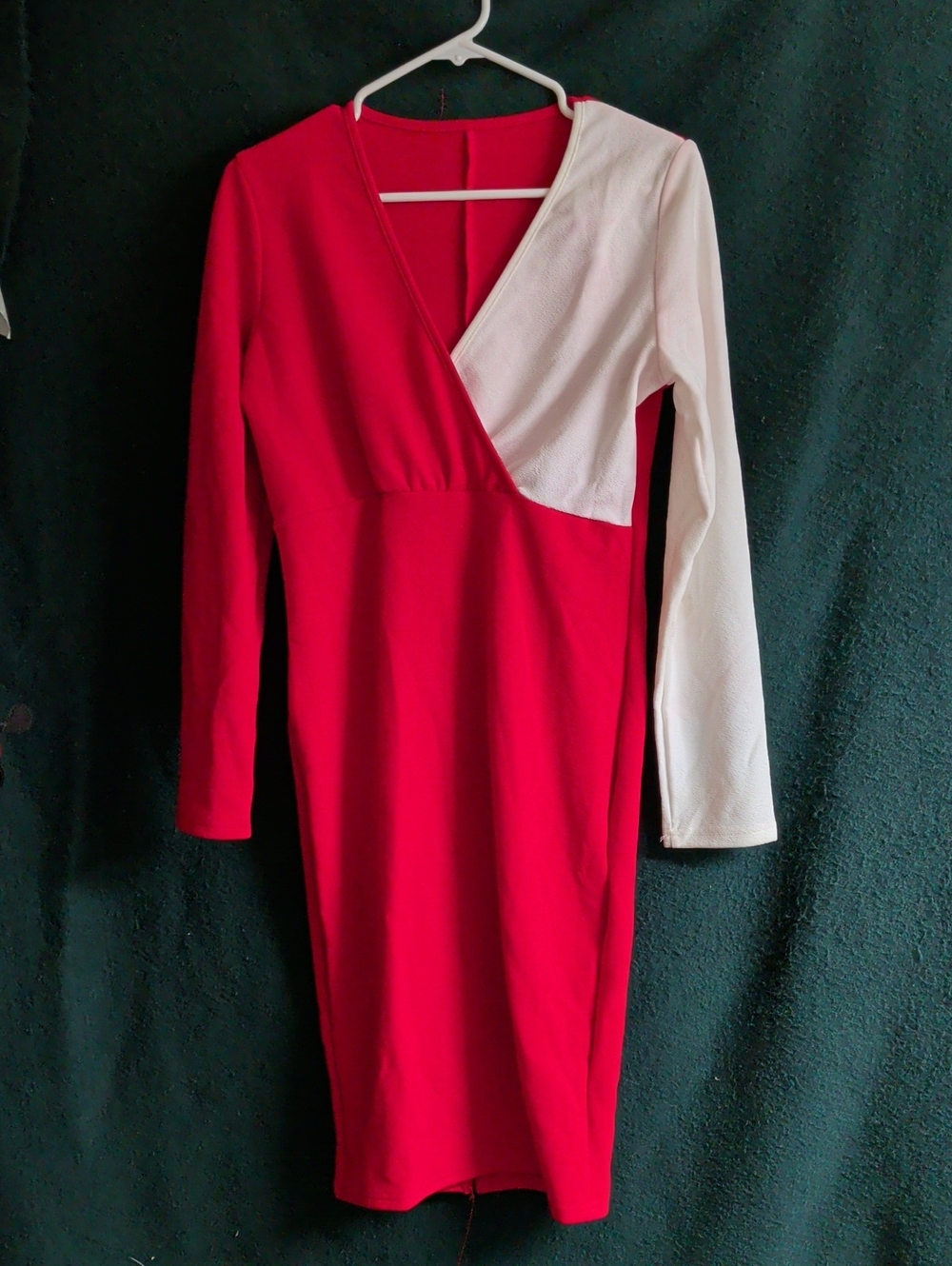Colorblock Red Wrap-Front Long Sleeve Dress